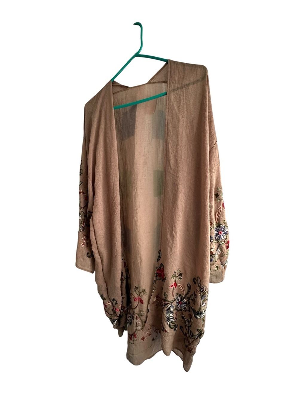 Embroidered Open-Front Kimono Cardigan - Beige